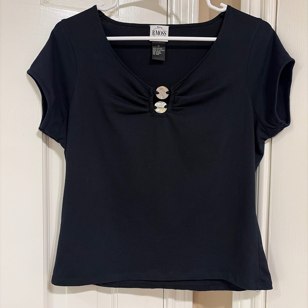 B.Moss Womens Fitted Short Sleeve Keyhole Top Black Medium Cotton Shell Button